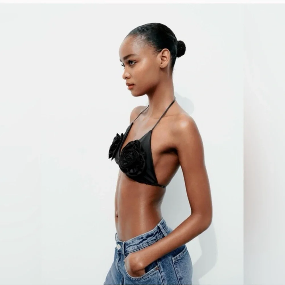 NWT Zara black rose flower bikini top Medium